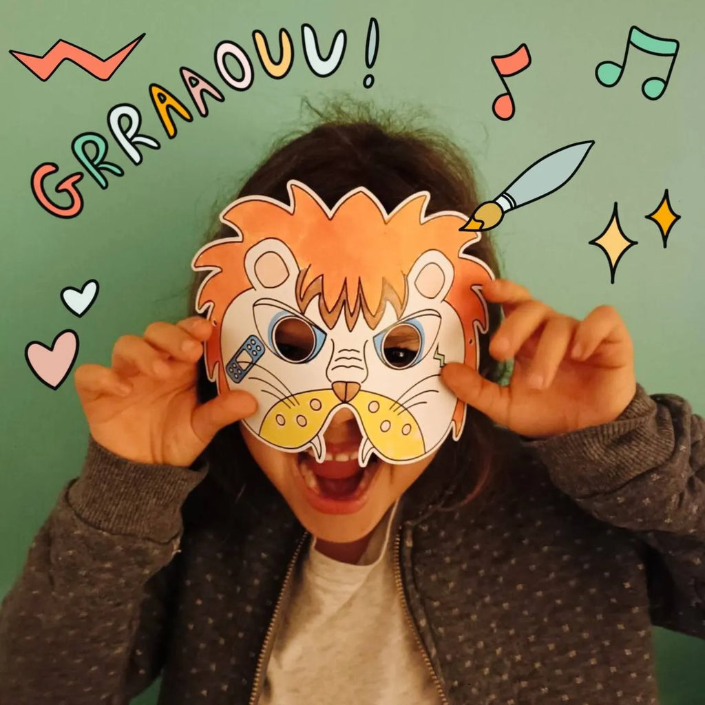 Pack Féroce : 3 Masques Coloriables à l'Infini pour Enfants - Loup, Lion et Dinosaure